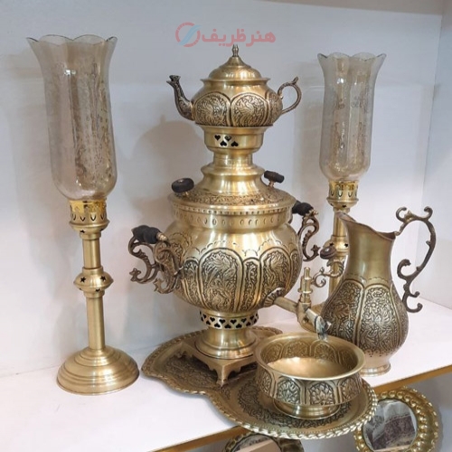سرویس سماور 6 لیتری زغالی برنجی، قلم دست، سنگین وزن