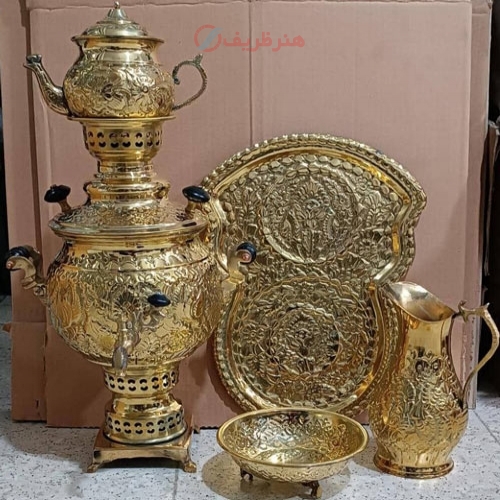 سرویس سماور زغالی 4 لیتری برنجی، با قلم زنی اعلاء - هنرظریف