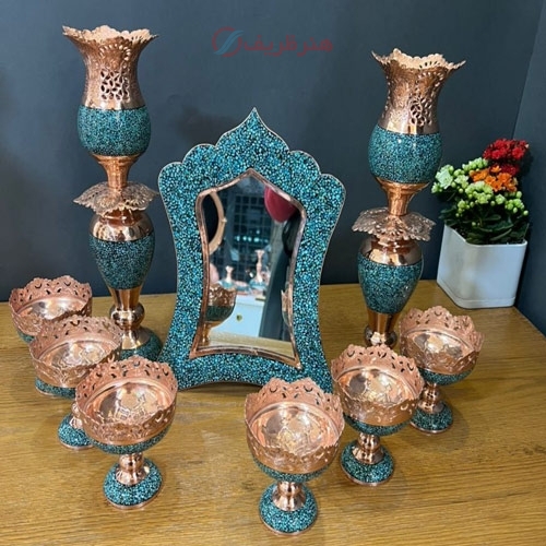 سرویس آینه شمعدان و هفت سین فیروزه کوبی بسیار زیبا و شیک، با کیفیت و ماندگاری بالا - هنرظریف
