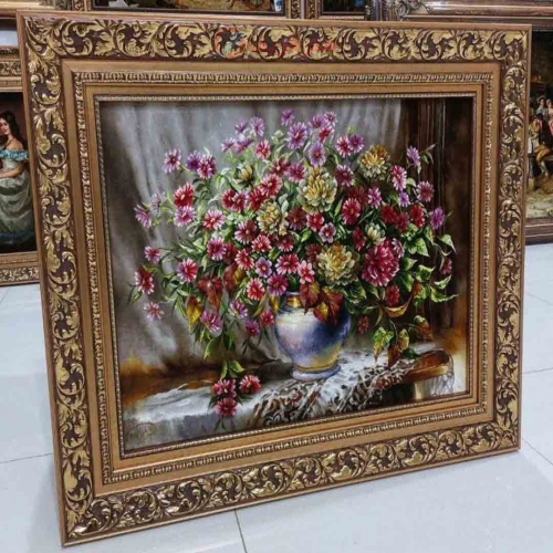 تابلو فرش دستبافت تبریز با طرح گل عرضی، دارای رج 50 و چله ابریشم، بسیار با کیفیت و زیبا - هنرظریف