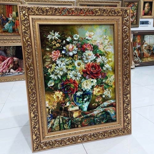 تابلو فرش دستبافت زیبا، کار تبریز با طرح گل طولی و چله ابریشم، رج 50، مارکدار اصل و با کیفیت