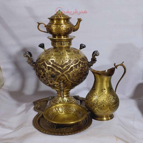 سماور ذغالی برنجی 6 لیتری، جهان نما، قلم زنی گل و مرغ