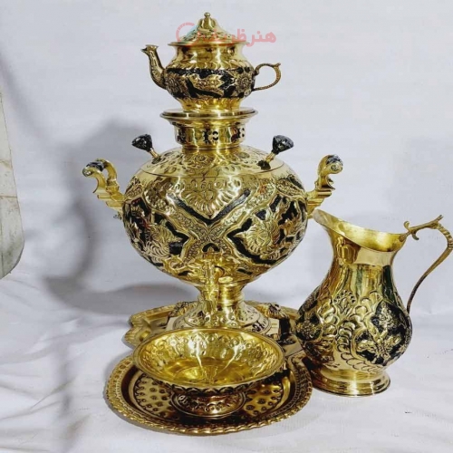 سرویس سماور 6 لیتری، جهان نما زغالی، قلم زنی گل و مرغ طلایی- هنرظریف