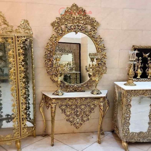 میز آینه شمعدان آلومینیومی با روکش برنز، با ورق ضخیم، طرح گل یاس، زیبا و شیک، با ضمانت با کیفیت بودن