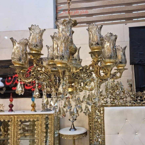 لوستر 8 شاخه برنزی، لاله بلند، مدل دو گل، برنز درجه 1، کریستال درجه 1، باضمانت کیفیت کالا - هنرظریف