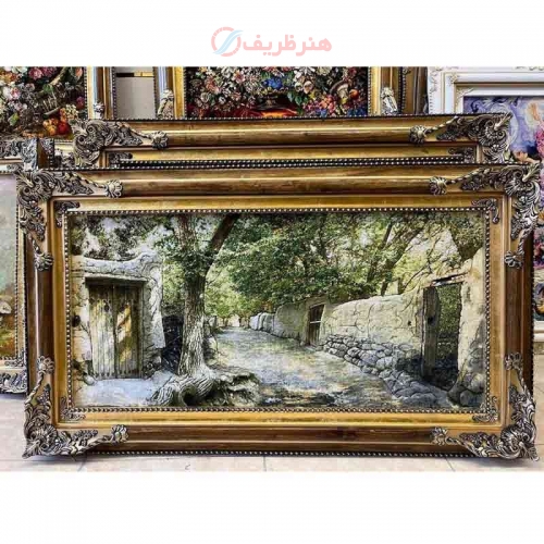 تابلو فرش دستبافت، کوچه باغ چله ابریشم پر از ابریشم 50 رج، قاب چوبی درجه یک - هنرظریف