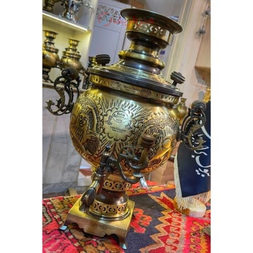 سرویس سماور شش لیتری توپی دسته توری، طرح قلم پایه مربع بزرگ، ورق صخیم، باکیفیت درجه یک-هنرظریف