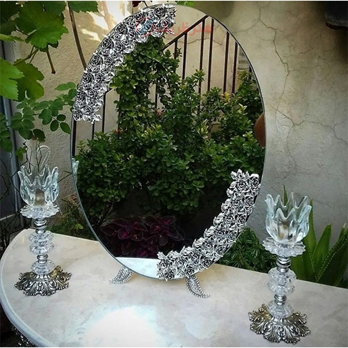 سرویس آیینه و شمعدان عقد عروس، گل رز نقره ای رنگ ثابت - هنرظریف