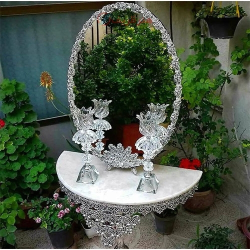 سرویس کامل آیینه و شمعدان و میز کنسول آلیاژ، گل مینا نقره ای - هنرظریف