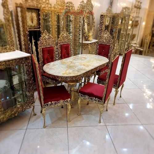 میز ناهار خوری 6 نفره روکش برنز مدل گل سرخ با سنگ مرمر دارای رنگ بندی - هنرظریف