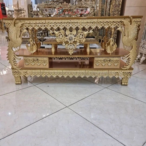 میز ال سی دی، جنس آلیاژ و رویه ام دی اف طلایی درجه یک با کیفیت ممتاز و رنگ ثابت