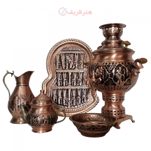 سرویس سماور ذغالی 5 پارچه مسی مدل قلمکاری ظرفیت 4 لیتر / هنر ظریف
