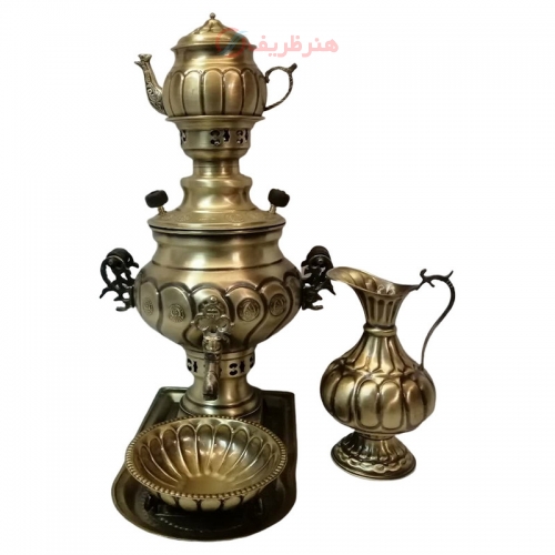 سرویس سماور ذغالی 5 پارچه برنجی مدل گل ظرفیت 3 لیتر / هنر ظریف