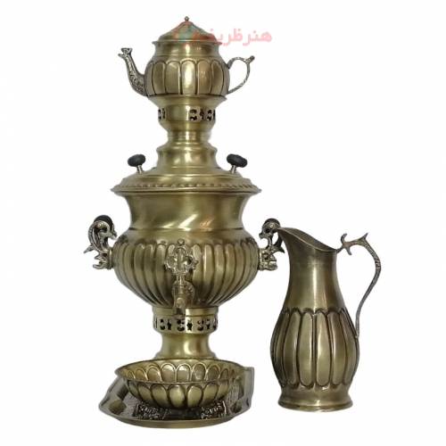 سرویس سماور زغالی 5 پارچه برنجی مدل استکانی ظرفیت 4 لیتر / هنر ظریف