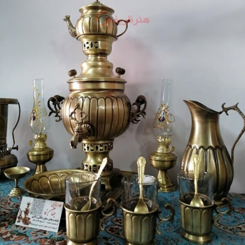 سرویس سماور زغالی برنجی آتشی ۲۰ پارچه ظرفیت 3 لیتر