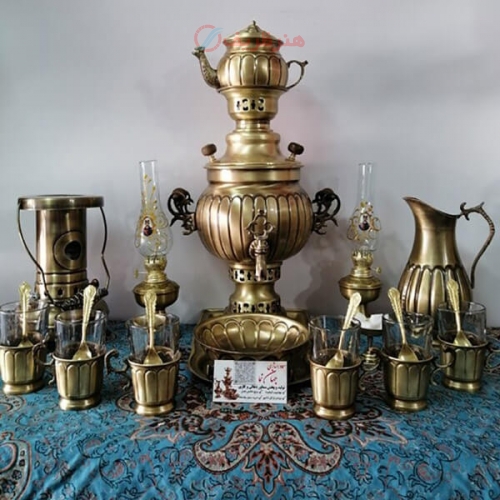 سرویس سماور زغالی برنجی آتشی ۲۰ پارچه ظرفیت 3 لیتر / هنر ظریف