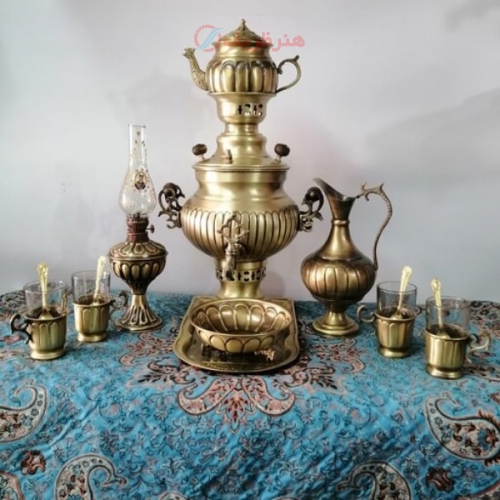 سرویس سماور زغالی برنجی نانو ۱۴ پارچه ظرفیت ۳/۵ لیتر / هنر ظریف