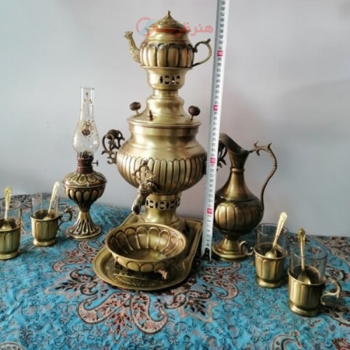 سرویس سماور زغالی برنجی نانو ۱۴ پارچه ظرفیت ۳/۵ لیتر