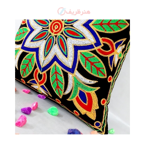 کاور کوسن سوزن دوزی مدل خورشید سبز پارچه مخمل کد 1-5 پارچه درجه یک