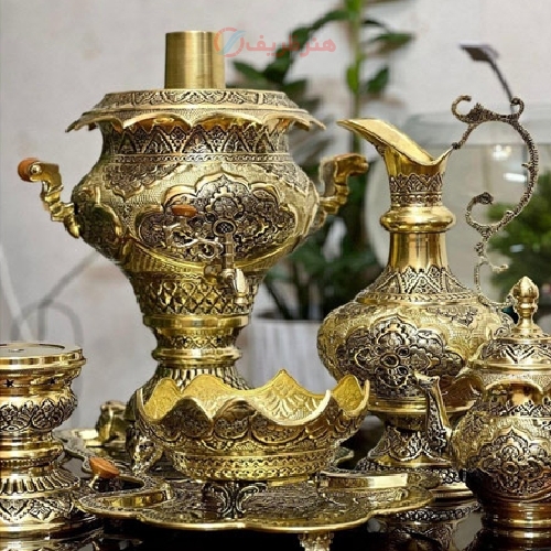 سرویس سماور ذغالی 6 لیتری اعلا قلمزنی اسلیمی و ورق ضخیم برنجی - هنرظریف