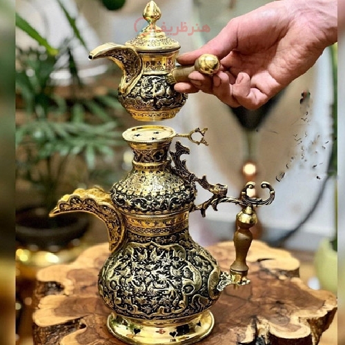 دله ذغالی به همراه قوری و جنس برنجی قلم زنی گل و مرغ طراحی عالی و جدید - هنرظریف