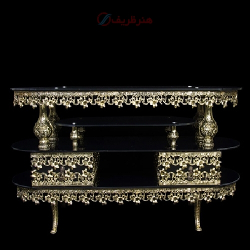 میز تلفن بیضی کوچک طرح غنچه شیشه جنس آلومینیوم و رنگ طلایی - هنرظریف