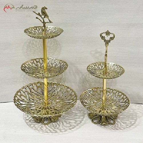 شیرینی خوری برنزی سه طبقه روهم و دو طبقه روهم و طراحی کاملا جدید طلایی رنگ - هنرظریف