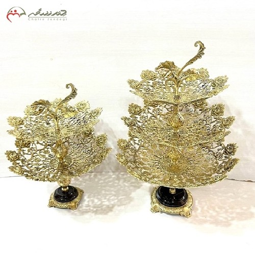 میوه خوری برنزی سه طبقه و دو طبقه باطرح یاس پایه سنگی، پر نقش و نگار - هنرظریف