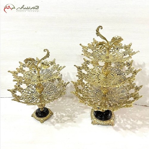 میوه خوری برنزی سه طبقه و دو طبقه باطرح یاس پایه سنگی، پر نقش و نگار