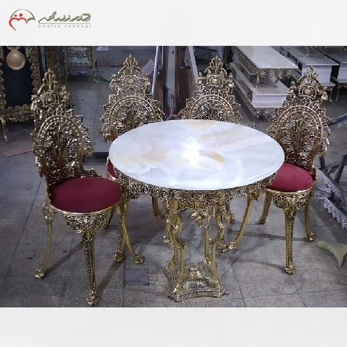 میز ناهار خوری 4 نفره برنزی، صفحه سنگ سفید با پارچه اعلاء صندلی با ضمانت