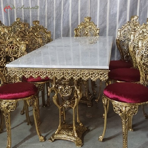 میز غذا خوری برنزی 8 نفره مدل ساطنتی و صفحه سنگ مرمر کیفیت فوق العاده