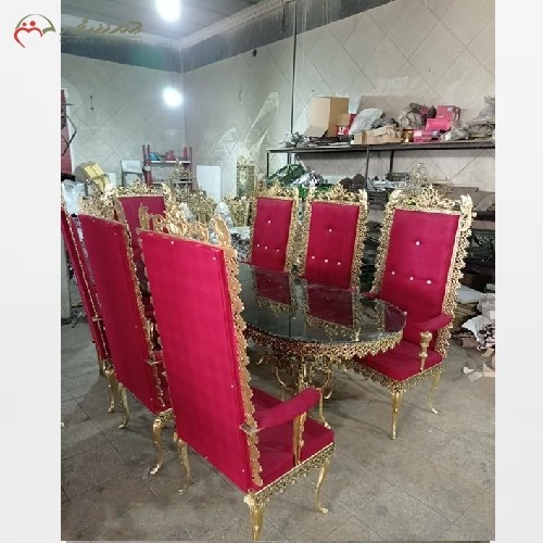 میز ناهار خوری برنزی 8 نفره سفارشی ساز، مدل دسته دار، صفحه شیشه ای، با کیفیت عالی