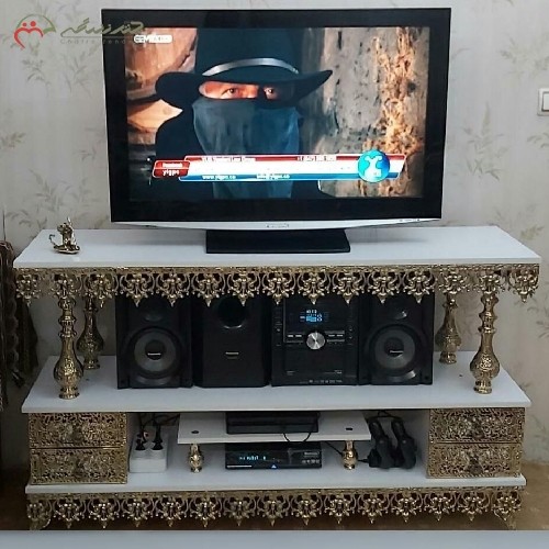 میز تلویزیون برنزی چهار کشو تسمه جدید، صفحه ام دی اف، طراحی جدید و زیبا