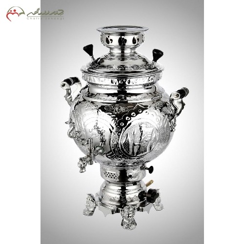 سماور گازی 6 لیتری طرح روسی سنتی از جنس برنج و آبکاری شده با کروم و نیکل