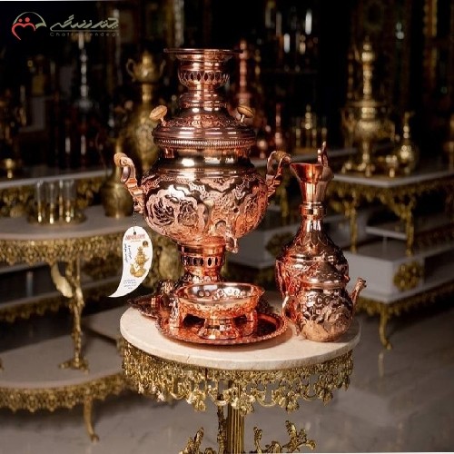 سماور برنجی رنگ مسی، طرح گل مرغ، پر نقش و نگار، خیره کننده با ضمانت 5 ساله - هنرظریف