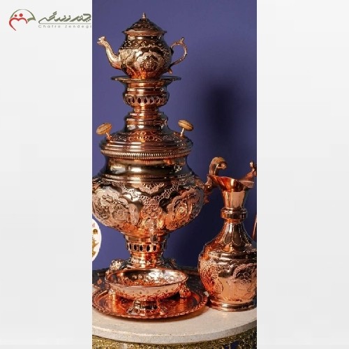 سماور گازی برنجی رنگ مسی، طرح گل مرغ، پر نقش و نگار، خیره کننده با ضمانت 5 ساله