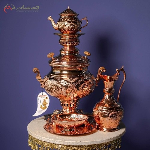 سماور گازی برنجی رنگ مسی، طرح گل مرغ، پر نقش و نگار، خیره کننده با ضمانت 5 ساله