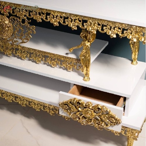 میز تلویزیون آلیاژی سه طبقه دارای دو کشو با صفحه ام دی اف،طراحی بی نظیر