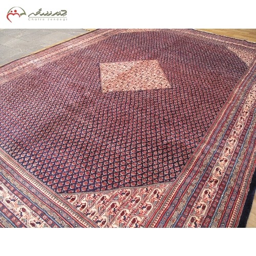 فرش دستبافت ساروق میر کد 39265  با طرح زمینه ترنج، متن سرمه ای و حاشیه های کرم رنگ