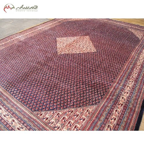 فرش دستبافت ساروق میر کد 39265  با طرح زمینه ترنج، متن سرمه ای و حاشیه های کرم رنگ - هنرظریف