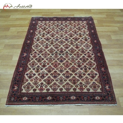 فرش دستبافت میمه کد 39441 با الیاف طبیعی طرح زیبای ذرع و زمینه کرم رنگ و حاشیه ی سرمه ای
