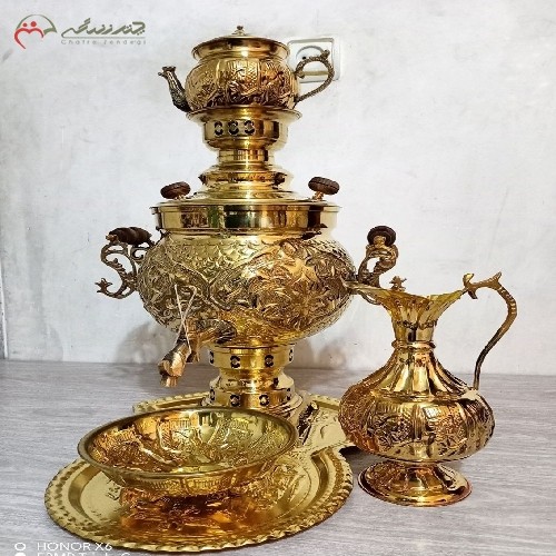 سماور ذغالی 6 لیتری تبریز با پارچ رومی زیبا و رنگ ثابت، قلم زنی منحصر به فرد