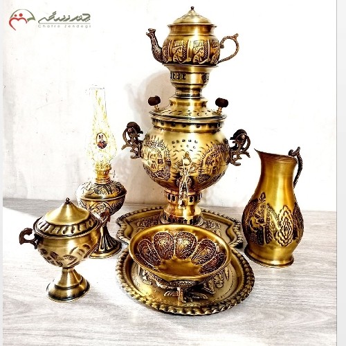سرویس کامل سماور برنجی ذغالی 3 لیتری تبریز با قلم زنی بسیار خاص طرح شیر، منحصر به فرد و شکیل