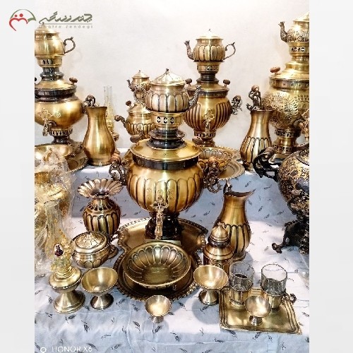 سرویس 16 پارچه سماور برنجی ذغالی 6 لیتری با ورق ضخیم در طرح توپی آینه ریز، دارای ضمانت - هنرظریف