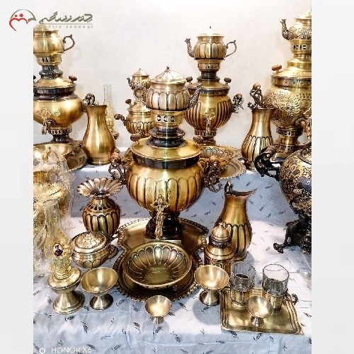 سرویس 16 پارچه سماور برنجی ذغالی 6 لیتری با ورق ضخیم در طرح توپی آینه ریز، دارای ضمانت