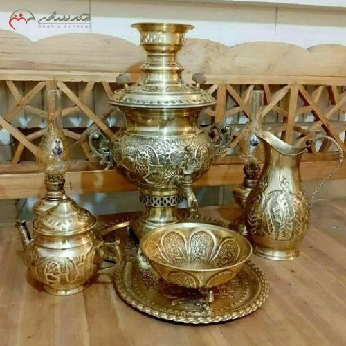سرویس 5 پارچه سماور ذغالی برنجی 6 لیتری با ورق ضخیم، رنگ آنتیک همراه با ضمانت کیفیت