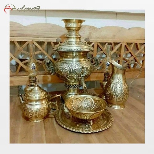 سرویس 5 پارچه سماور ذغالی برنجی 6 لیتری با ورق ضخیم، رنگ آنتیک همراه با ضمانت کیفیت - هنرظریف