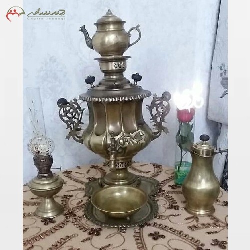 سماور ذغالی برنجی با ورق 1 میل، مدل امپراتور دسته شاخ گوزنی با رنگ آنتیک