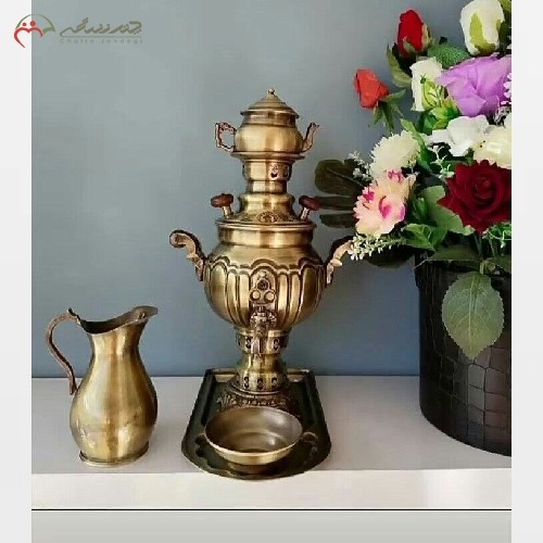 سرویس سماور ذغالی برنجی 1 لیتری همراه با پارچ، طرح خطی با ضمانت و کیفیت بی نظیر، شیک و چشم نواز - هنرظریف