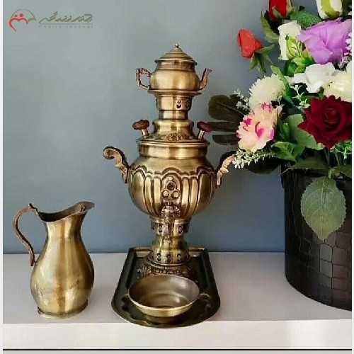 سرویس سماور ذغالی برنجی 1 لیتری همراه با پارچ، طرح خطی با ضمانت و کیفیت بی نظیر، شیک و چشم نواز